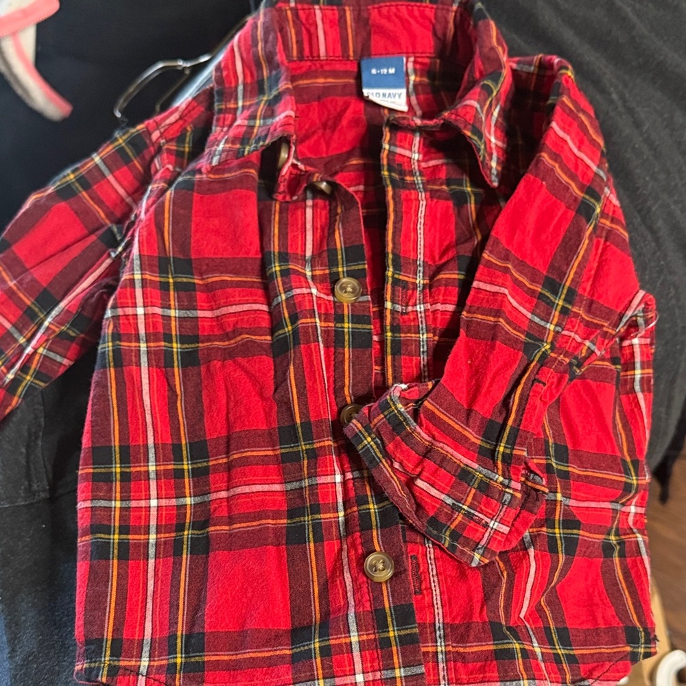 Old Navy Kids Red and Black Plaid Button Down Shirt
